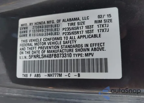 2015 Honda Odyssey Ex z USA, uszkodzony, nr VIN 5FNRL5H48FB073310
